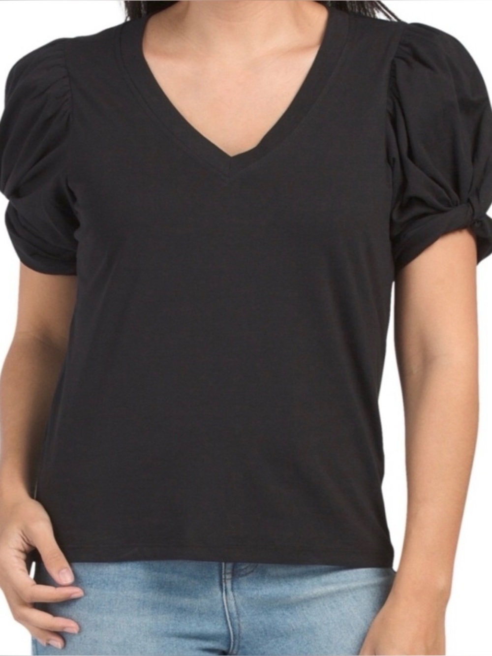 7 For All Mankind 7FAM Black V Neck Short Sleeve Puff Sleeve Size Large